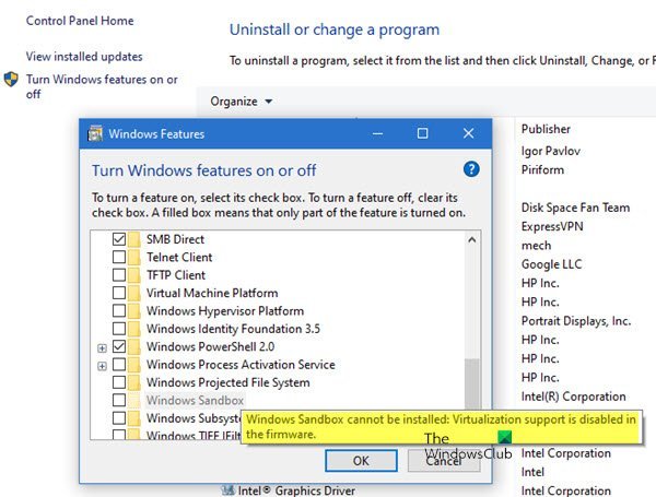 Windows Sandbox kan niet worden geïnstalleerd, ondersteuning voor virtualisatie is uitgeschakeld in de firmware