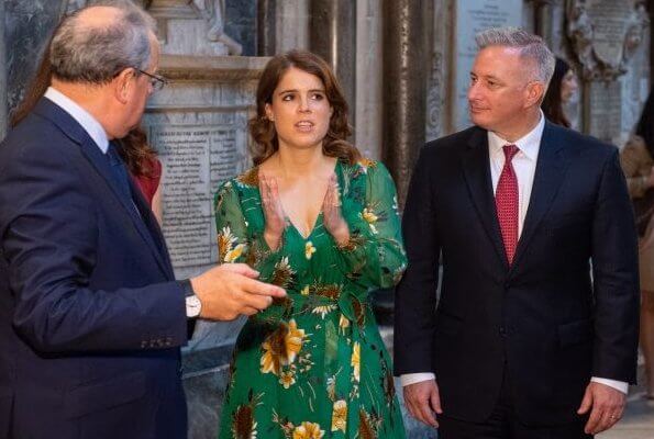 Princess Eugenie of York wore a green floral dress by Alice & Olivia with long sleeves that reached her knees.