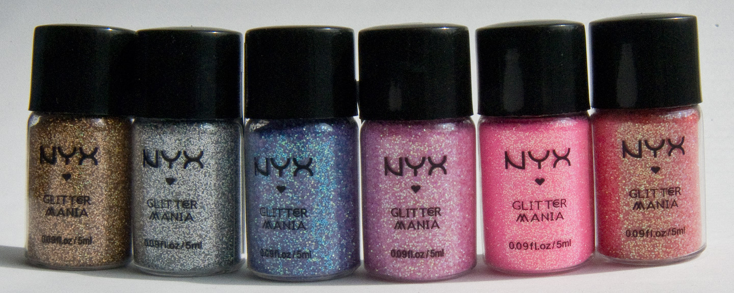 WARPAINT and Unicorns: NYX Glitter Mania Powders in Hot Gold, Disco Ball, Purple, Pink, Pink, and Apple: Swatches and Review