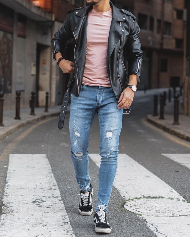 Men's Fashion Style Outfits Ideas Leather jacket with Round neck T shirt and jeans.