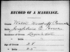 Ancestry.com, "Maine Marriages, 1892-1996," database index, Ancestry.com (http://www.ancestry.com/ : accessed 12 Feb 2012), entry for Walter W Parmalee and Josephine E Howe, married 16 Sep 1902; citing Maine State Archives. Maine Marriages 1892-1996 (except 1967 to 1976). 