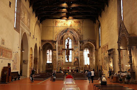 The interior of the 13th century Basilica di San Francesco in Piazza San Francesco in the heart of Arezzo