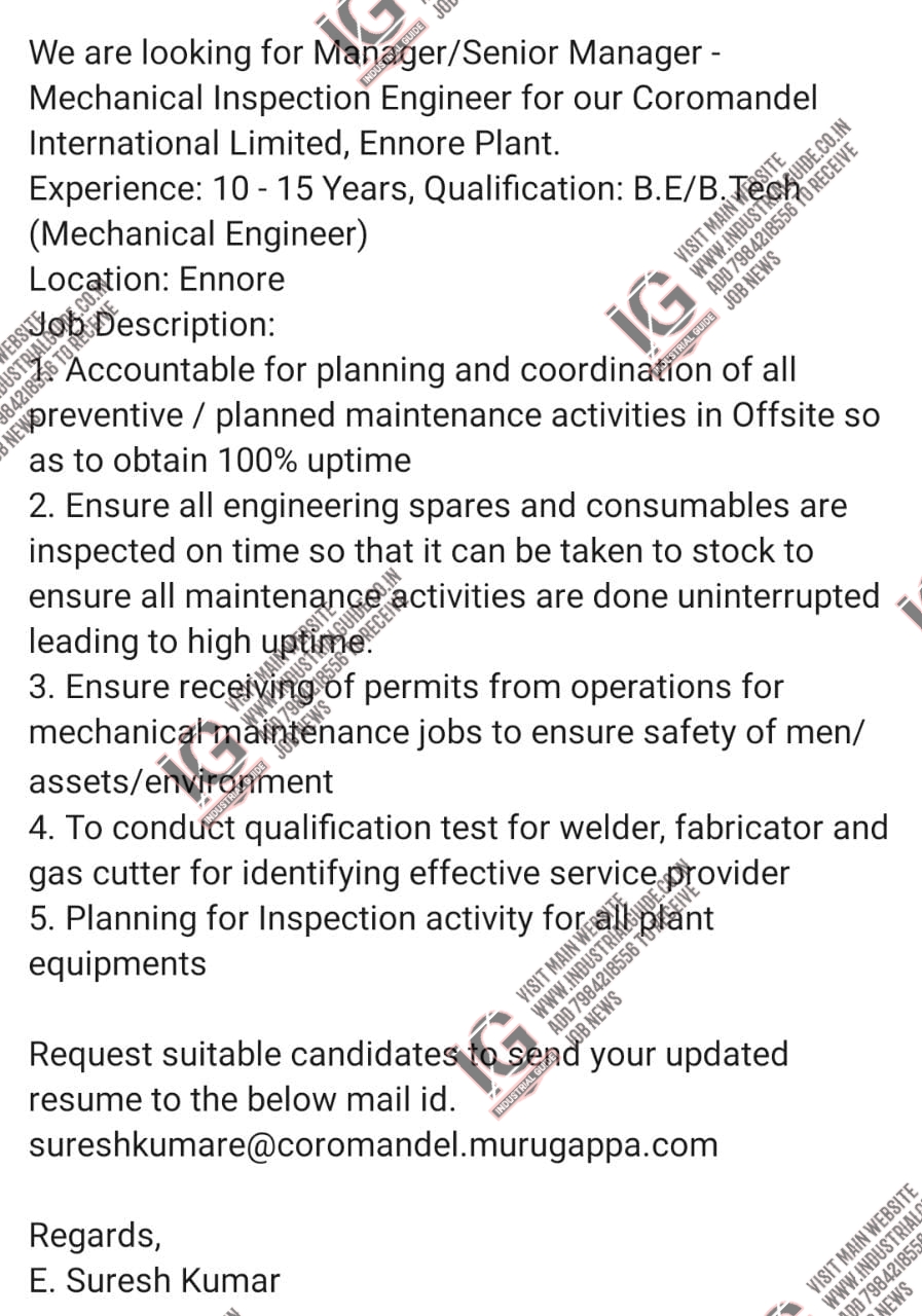 Coromandel international jobs for Mechanical Engineer apply now