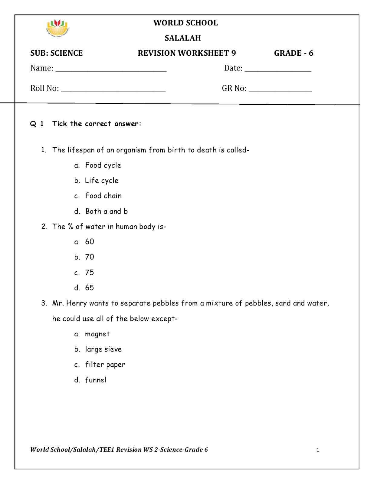 Birla World School Oman: Homework for Grade 6 as on 27-12-2018