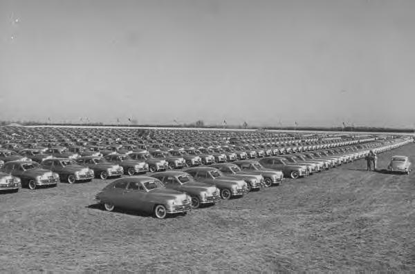 New 1950 Packards waiting to be delivered.