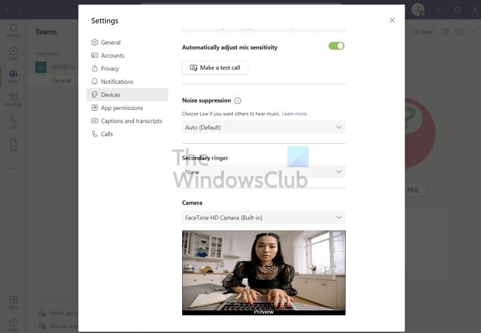 Video de cámara web de prueba de Microsoft Teams