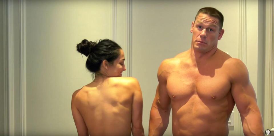 WWE stars Nikki Bella and fiance John Cena strip naked to celebrate her 500...
