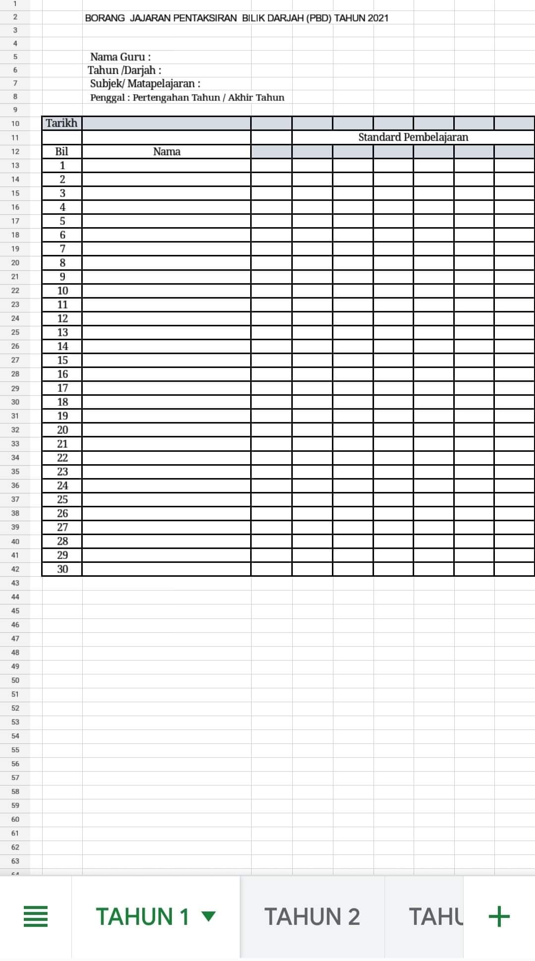 Template Borang Jajaran PBD 2021 Untuk Tahun 1 hingga Tahun 6