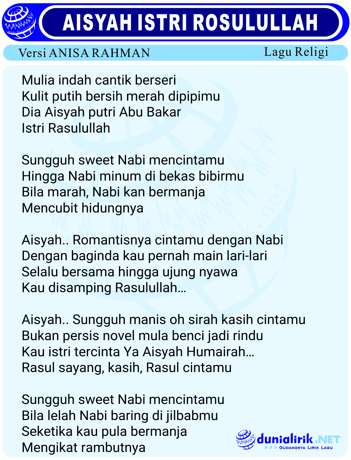 Lirik Lagu Aisyah Istri Rosulullah Versi Anisa Rahman