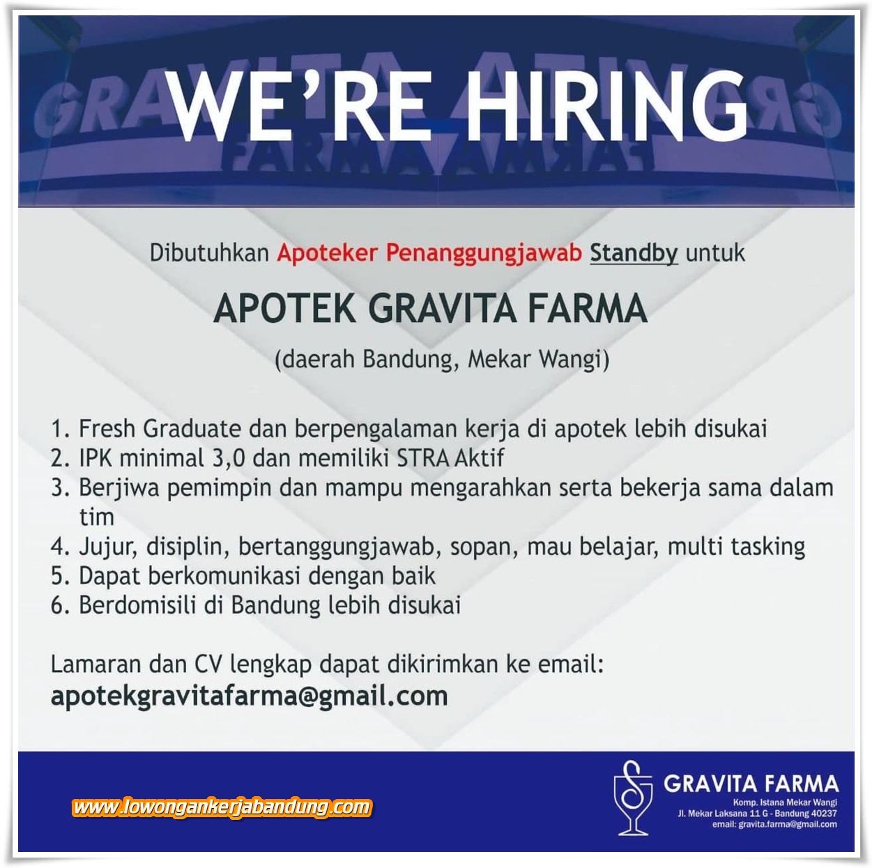 Lowongan Kerja Apoteker Penanggung Jawab Gravita Farma - Loker Bandung