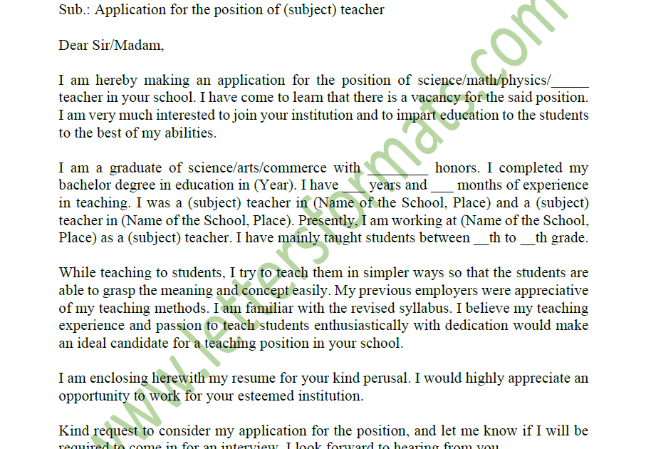 application letter for the post of teaching job
