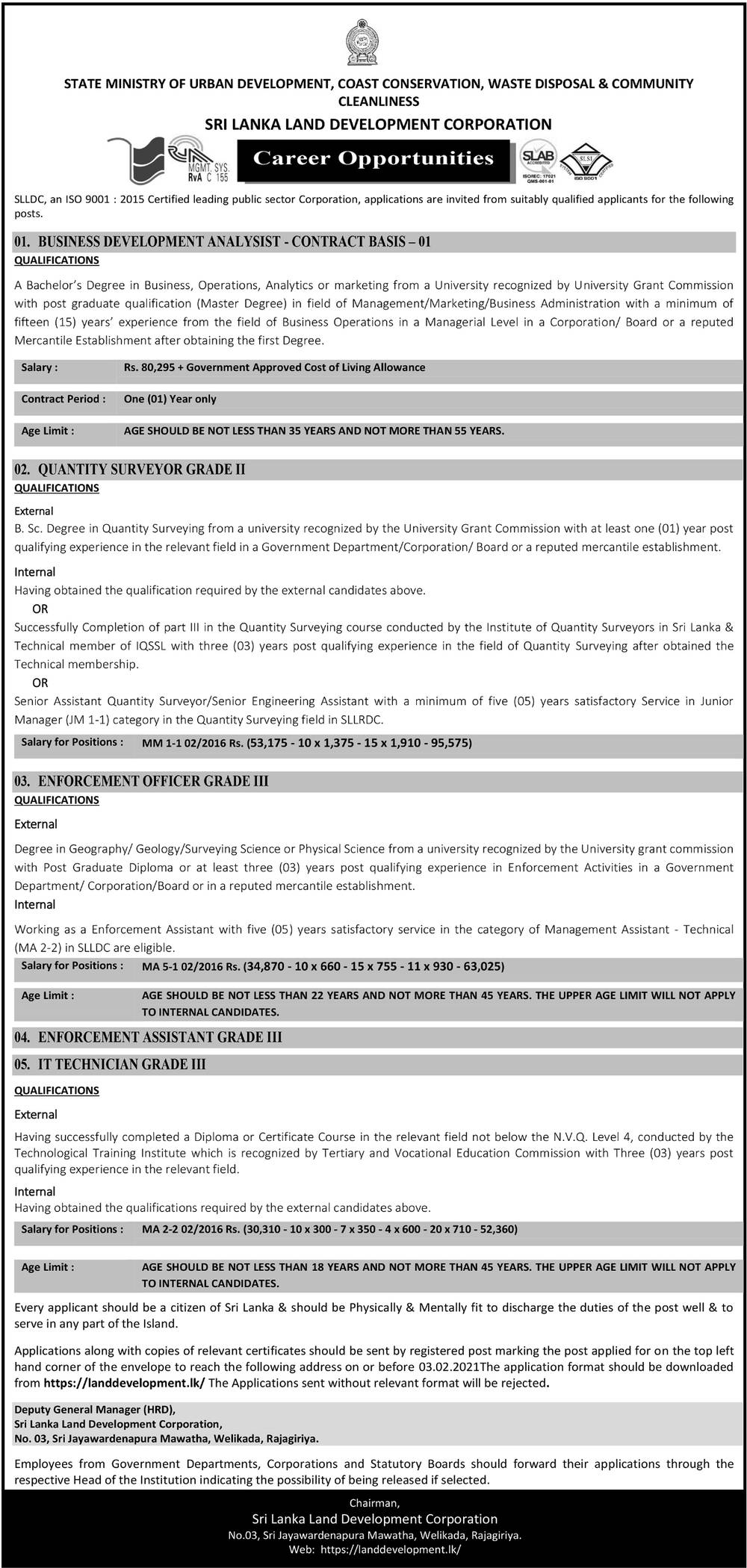 Vacancies at Sri Lanka Land Development Corporation