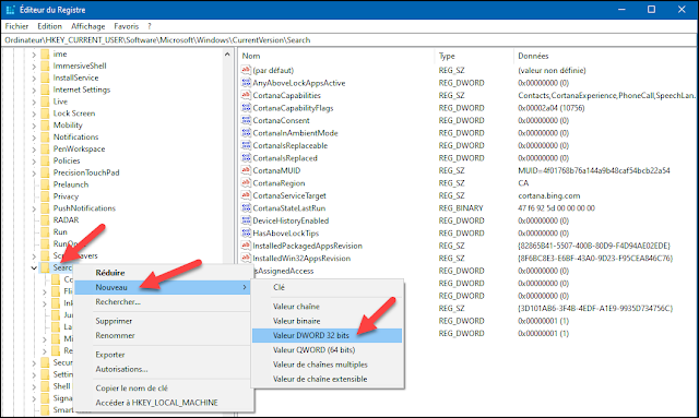 Désactiver la recherche web de Cortana dans la zone de recherche avec la base de registre Windows 10 désactiver, arrêter, empêcher, interdire, limiter, la recherche web, Cortana, zone de recherche, la recherche avec Cortana, base de registre, regedit.exe, administration, trucs et astuces