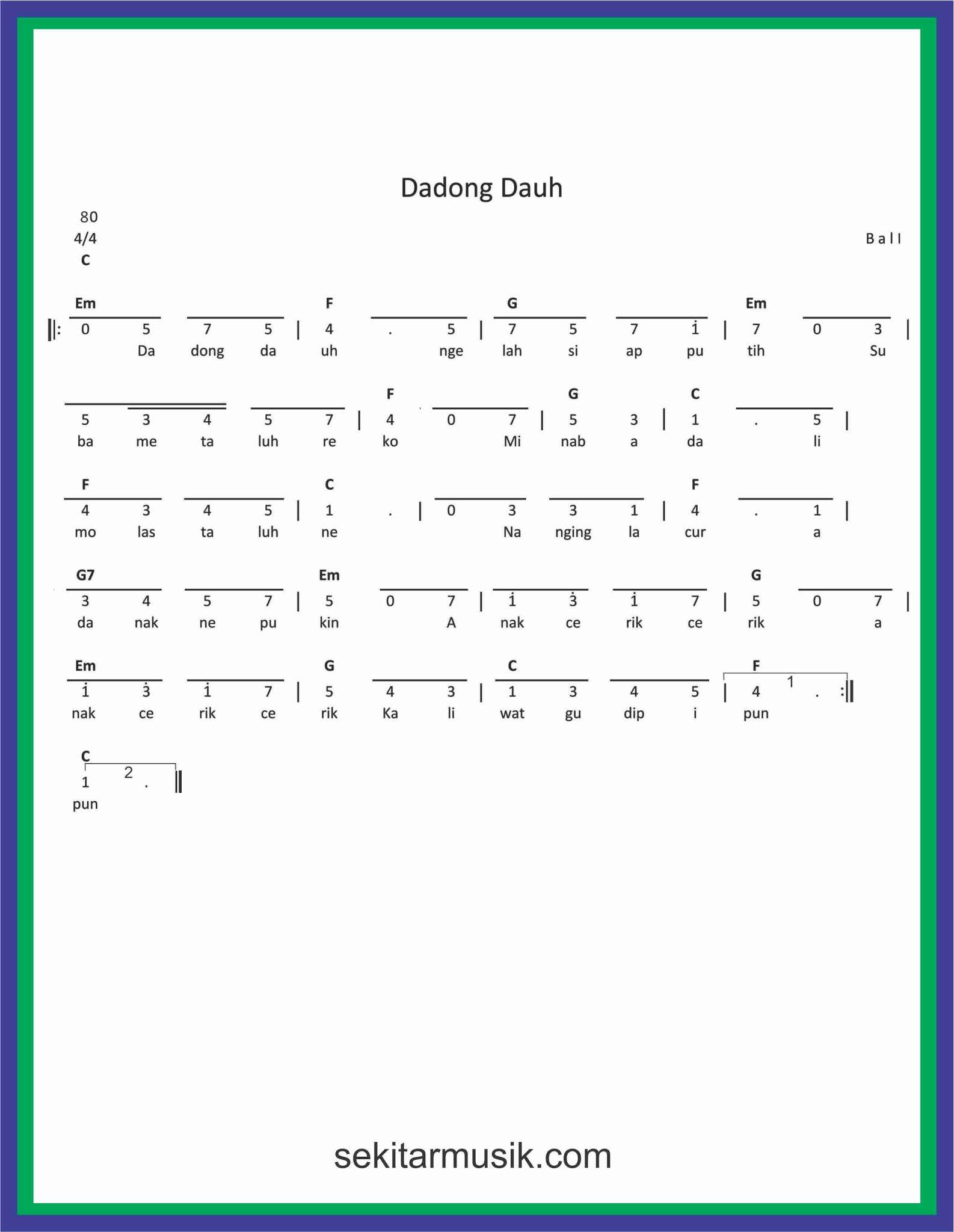 Not Angka Lagu Dadong Dauh Sekitar Musik