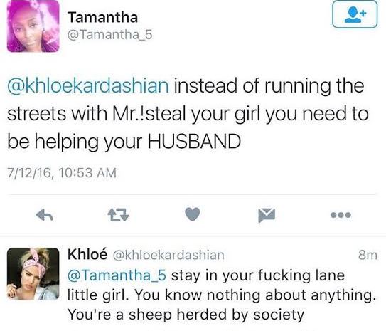 Khloe Kardashian fires back at girl who called her out on Twitter