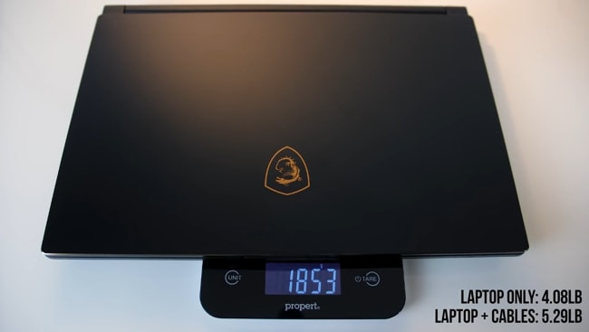 The weight of this MSI GS65 Stealth-004 gaming laptop is 4.08lbs measured using propert weight meter.