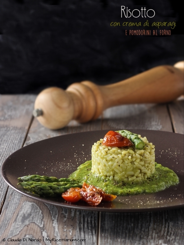 Risotto con crema di asparagi e pomodorini al forno