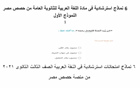 6 نماذج امتحانات استرشادية في اللغة العربية الصف الثالث الثانوى 2021 من منصة حصص مصر