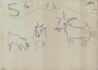 Storyboard scene 5: goats eat grass on hill on far side.