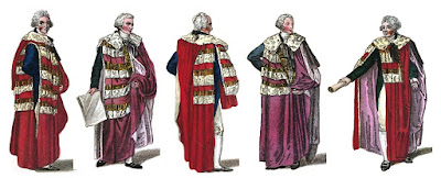 Peers (from left to right): duke, marquess, earl, viscount, baron from A book explaining the ranks and dignitaries of British Society (1809)