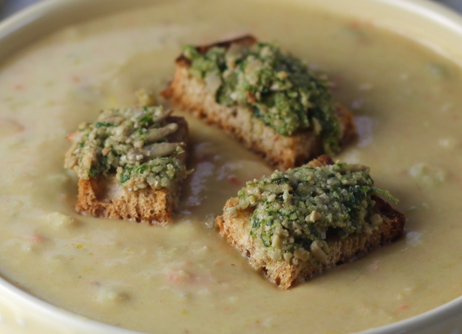 Creamy Potato Spring Vegetable Soup with Sunflower Seed Pesto Croutons
