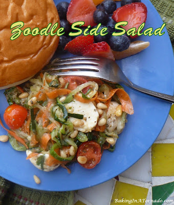 Zoodle Side Salad, a cold side dish that makes a great addition to any lunch, dinner, picnic, cookout, or pot luck. | Recipe developed by www.BakingInATornado.com | #recipe #vegetables