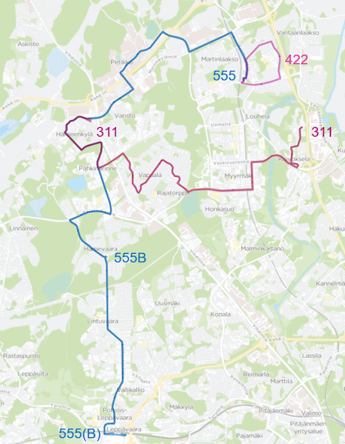Linjan 311 reitti poikkeaa nykyisestä sillä, että se ei aja enää Pähkinärinteen kautta, vaan liikennöi Vapaalan kautta. Linja jatkaa Myyrmäestä nykyisen linjan 412 reittiä Kaivokselaan. Linja 422 ajaa Martinlaaksosta lähdettäessä Kivimäentien ja Kukintien kautta takaisin Martinlaakson asemalle. Linjan 555 uusi reitti kulkee Leppävaarasta Rajatorpantielle nykyistä reittiään. Pähkinärinteestä Vantaankoskelle linja ajaa nykyisen linjan 322 reittiä. Martinlaaksoon linja ajaa Kivivuorentietä.