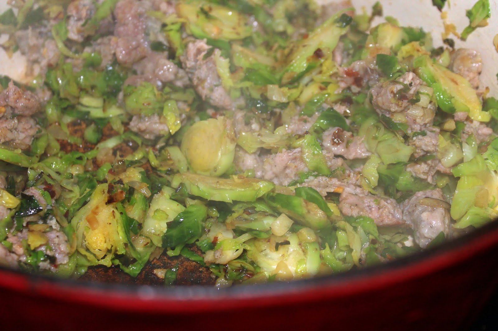 Sausage and Brussels Sprouts Tomato Sauce with Gluten Free Pasta Sausage and Brussels Sprouts Tomato Sauce with Gluten Free Pasta