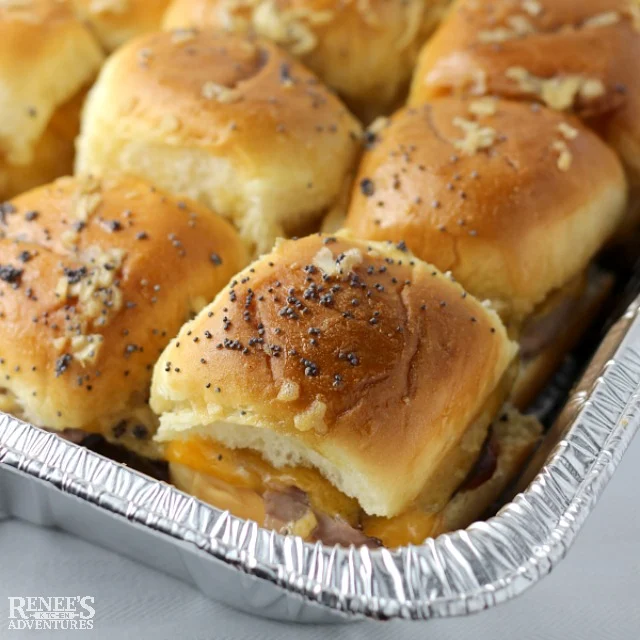 Easy BBQ Beef and Cheddar Sliders by Renee's Kitchen Adventures in a pan, ready to serve
