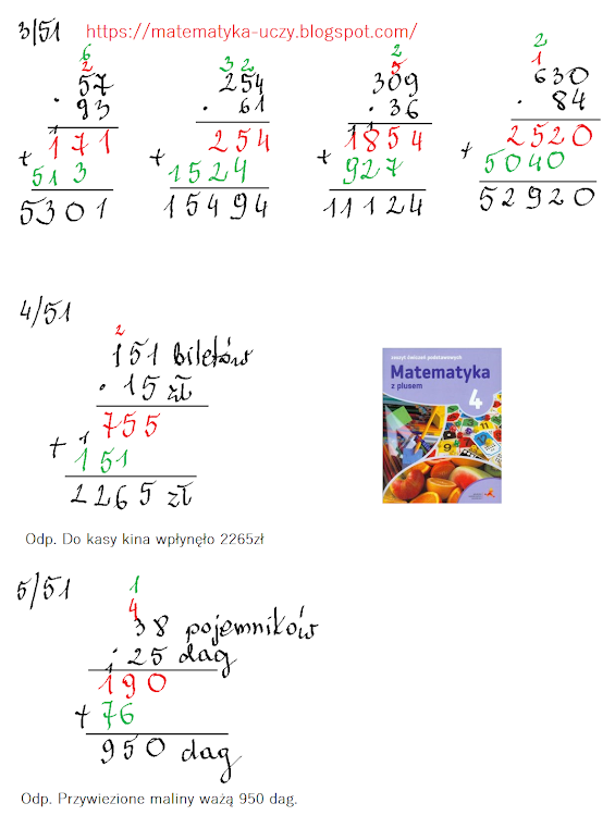 ćw. 3, 4 i 5 str. 51 "Matematyka z plusem 4" Mnożenie pisemne przez liczby dwucyfrowe (ćwiczenia podstawowe)