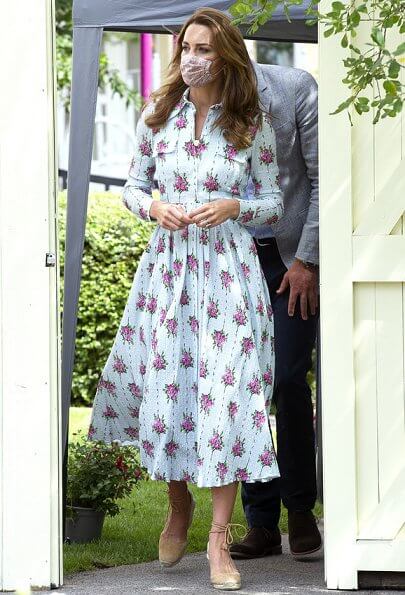 Kate Middleton wore Emilia Wickstead Aurora belted floral print cotton blend seersucker dress and Castaner Carina canvas wedge espadrilles