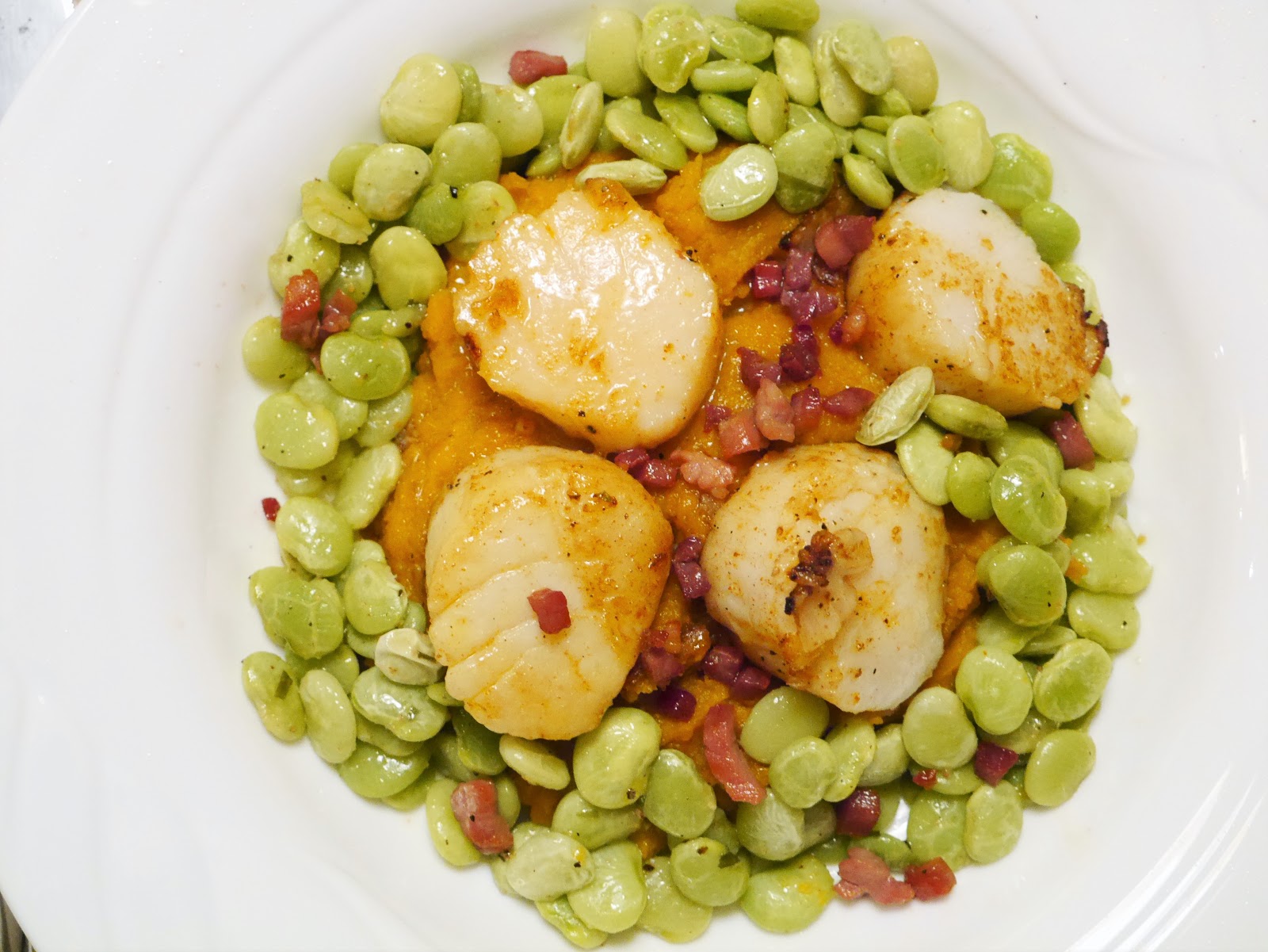 FEAST EVERYDAY Scallops with Pancetta, Pureed Butternut Squash and Lima Beans