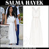 Salma Hayek in white belted sleeveless dress on the set of Bliss on July 23