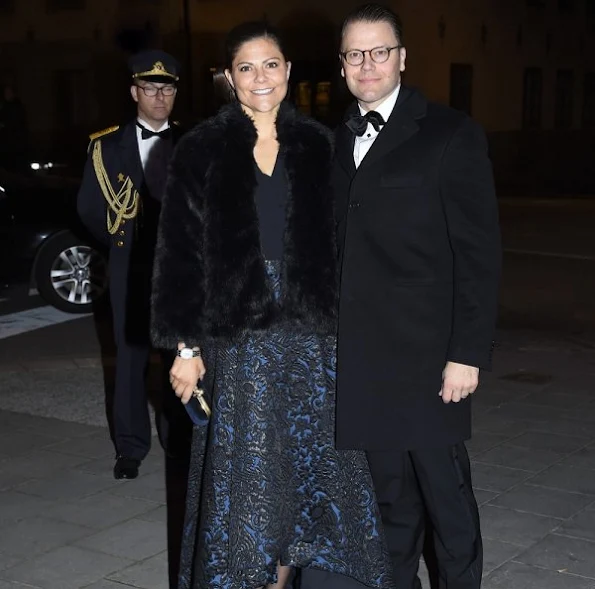 Crown Princess Victoria wore Alice + Olivia Floral Jacquard High-Low Skirt, By-Malina-Elsa-Coat, Marchesa-Lily Satin Clutch