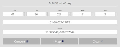 Screen capture of Bentek System's DLS/LSD to Lat/Long page with Margaret Gilchrist address.