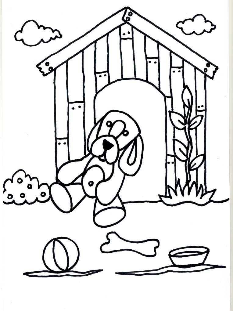 Dibujos para imprimir y colorear pintar imagenes para niños: Pupi y su cucha para imprimir y colorear