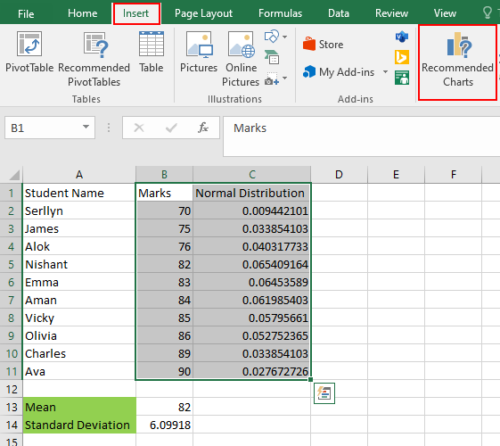 Bell Curve Excel 권장 차트 만들기