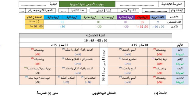 التوقيت الاسبوعي للسنة الاولى ابتدائي نظام الدوام الواحد