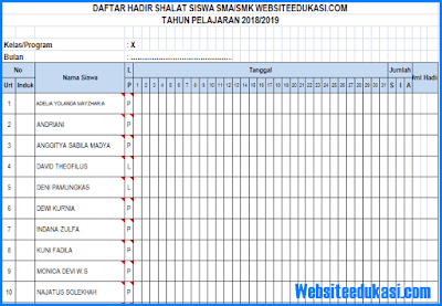 Contoh Absen Sholat Siswa