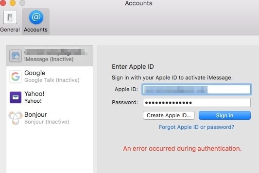 an error occurred when trying to login on facetime