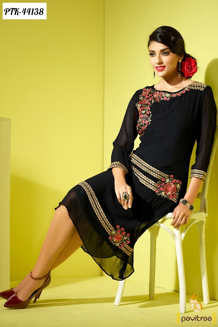 Festival discount offer on black georgette embroidery kurti  online shopping