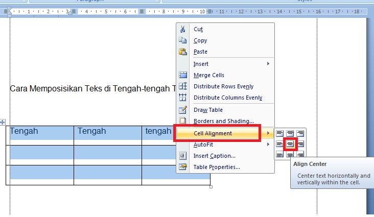 Cara menengahkan tulisan di kolom word