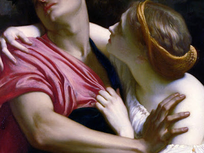 Crop of the painting "Orpheus and Eurydice" by Frederic Leighton. The painting depicts two figures in an embrace, one desperately grasping, the other pushing away.