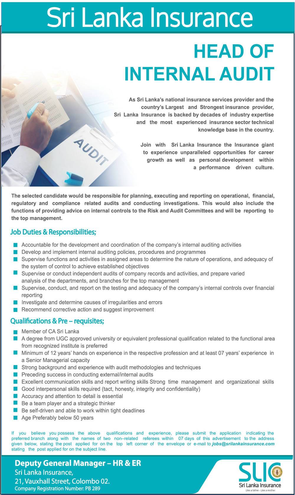 Head of Internal Audit Sri Lanka Insurance Job Vacancies Sri Lanka