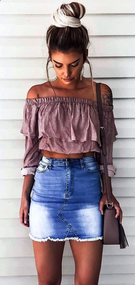 how to style a denim skirt + off-shoulder top and bag
