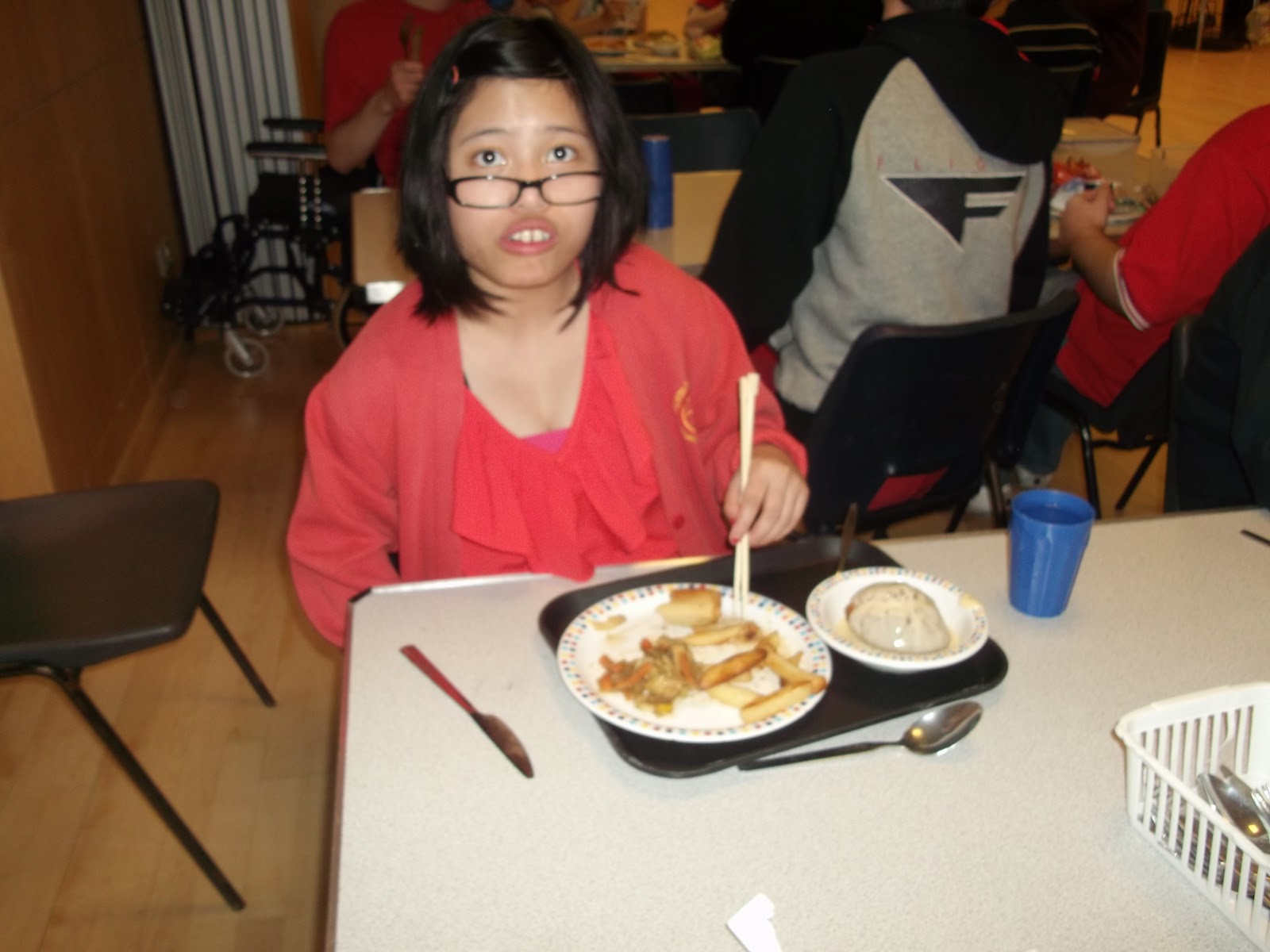 Portland Challenge Days Eating our school dinner with chopsticks