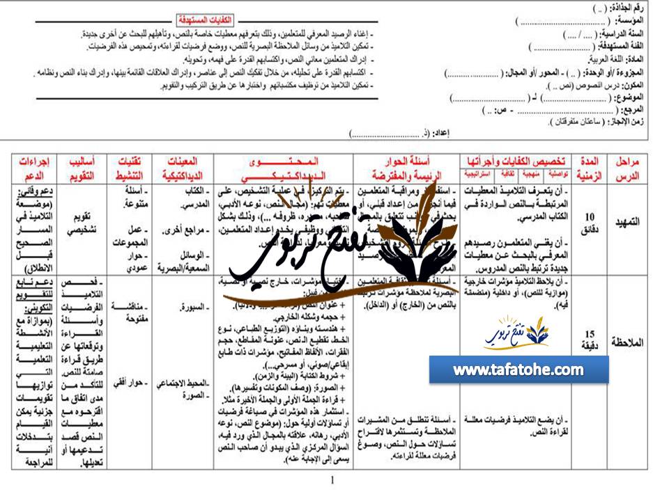 جذاذة نموذجية لمادة النصوص اللغة العربية ثانوي