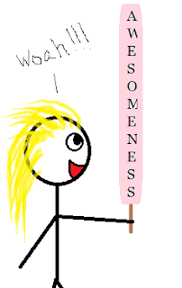 Stick figure holding a stick which holds a pink lollipop with the word "awesomeness" .