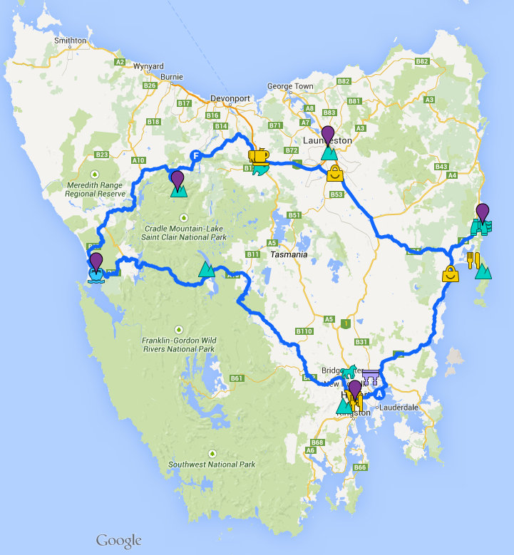 road trip map of tasmania