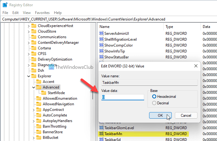 Windows 11의 작업 표시줄에서 채팅 아이콘을 숨기거나 제거하는 방법
